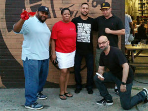 For the Love of Arts and Music event to support Artsmith. L to R: Luis Canyada aka North of Division X; Tricia Smith, Founder & President of Artsmith; George Perez, Owner of George Rafael; Christopher "Chilo" Cajigas of El Grito de Poetas; Rammer Rammer calligraphy artist